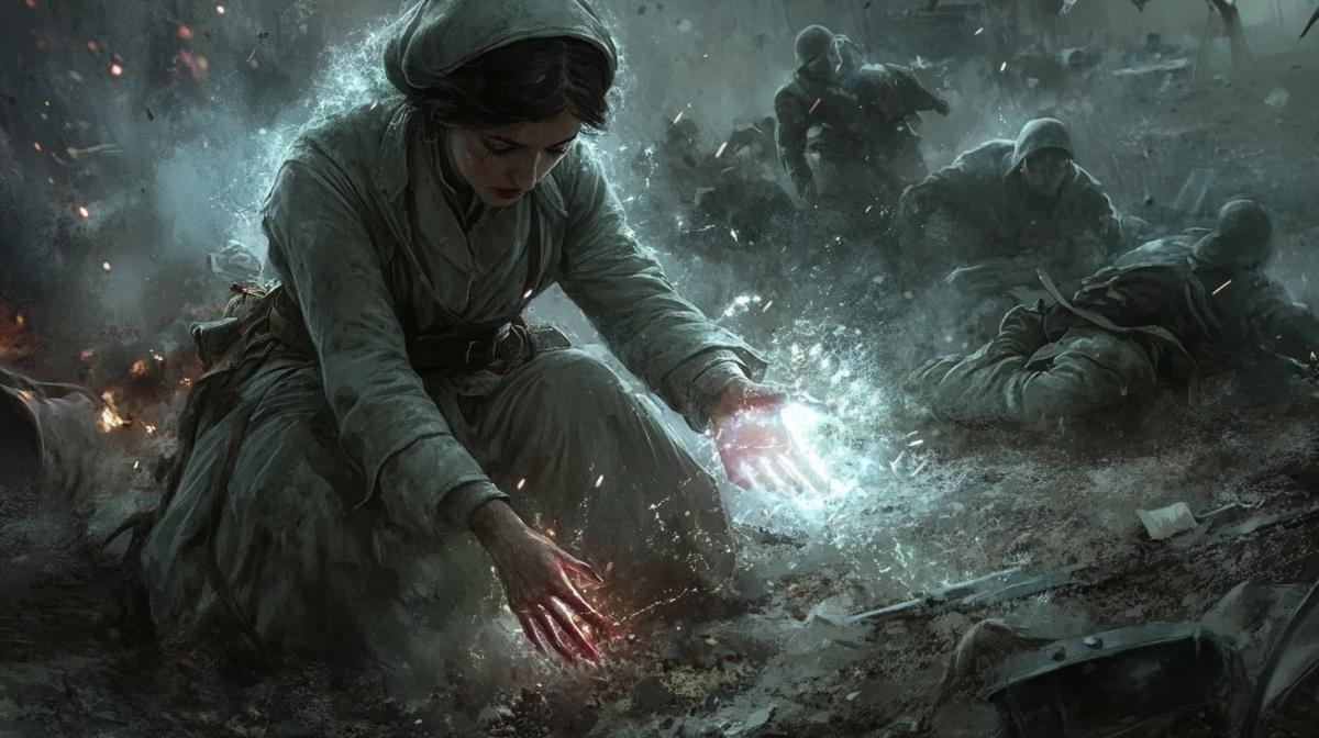 A World War II nurse in a worn military uniform, crouching beside ed soldiers, creating a glowing invisible shield to protect them from enemy fire while she bandages their s, surrounded by chaos, dirt, and debris, the battlefield behind her, intense action, and muted war tones