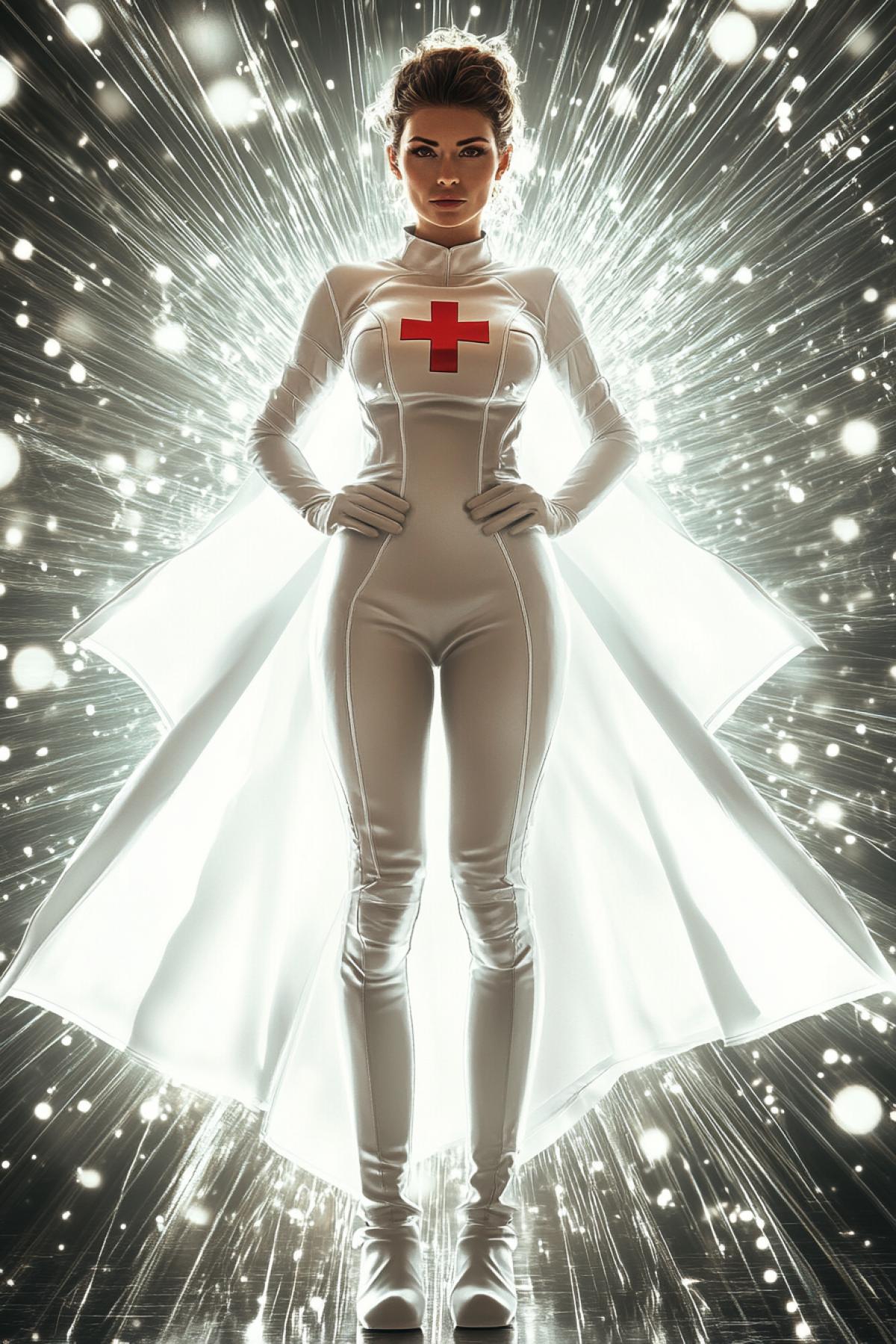 superhero female doctor in a white leather suit with a red cross saves the world, magic, comic book style, flickering, realistic image, photoshop, superpowers, cartoon world