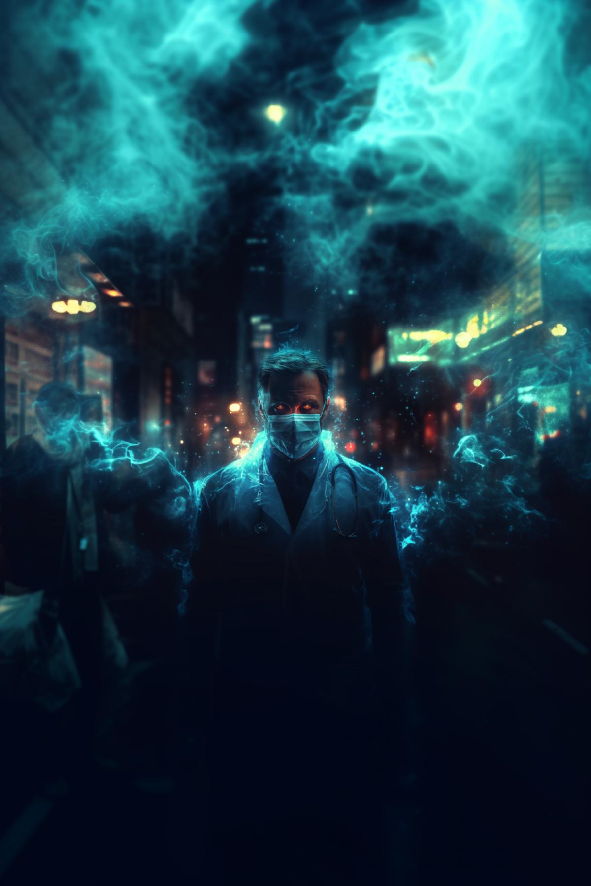 Doctor in a medical mask superhero super genius, magic, esotericism, mystery, parallel world, psychedelic, flickering, realistic image, photoshop