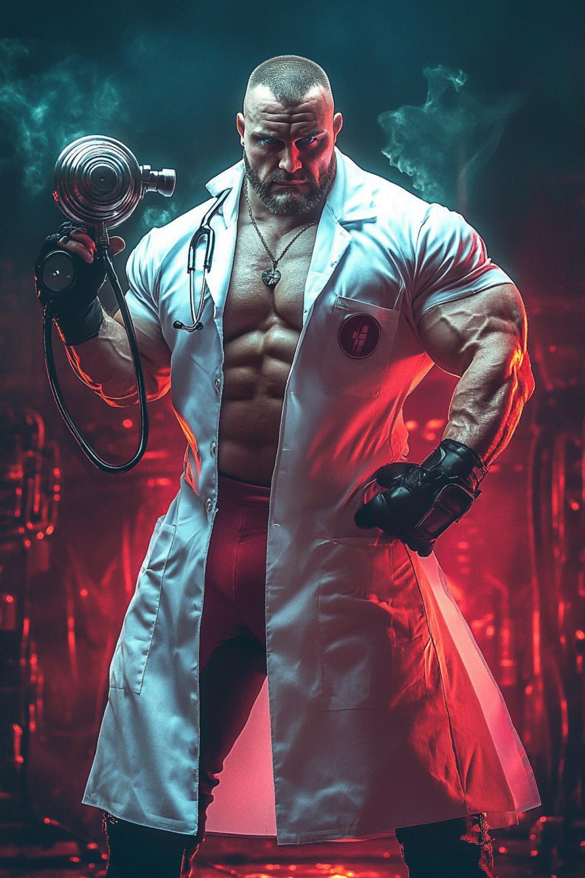 A huge, muscular wrestling fighter in a doctors outfit. As a super weapon, he uses a powerful enema with an optical sight and laser targeting. With the help of a stethoscope, he strikes down his enemies. The photo is styled like a superhero poster.