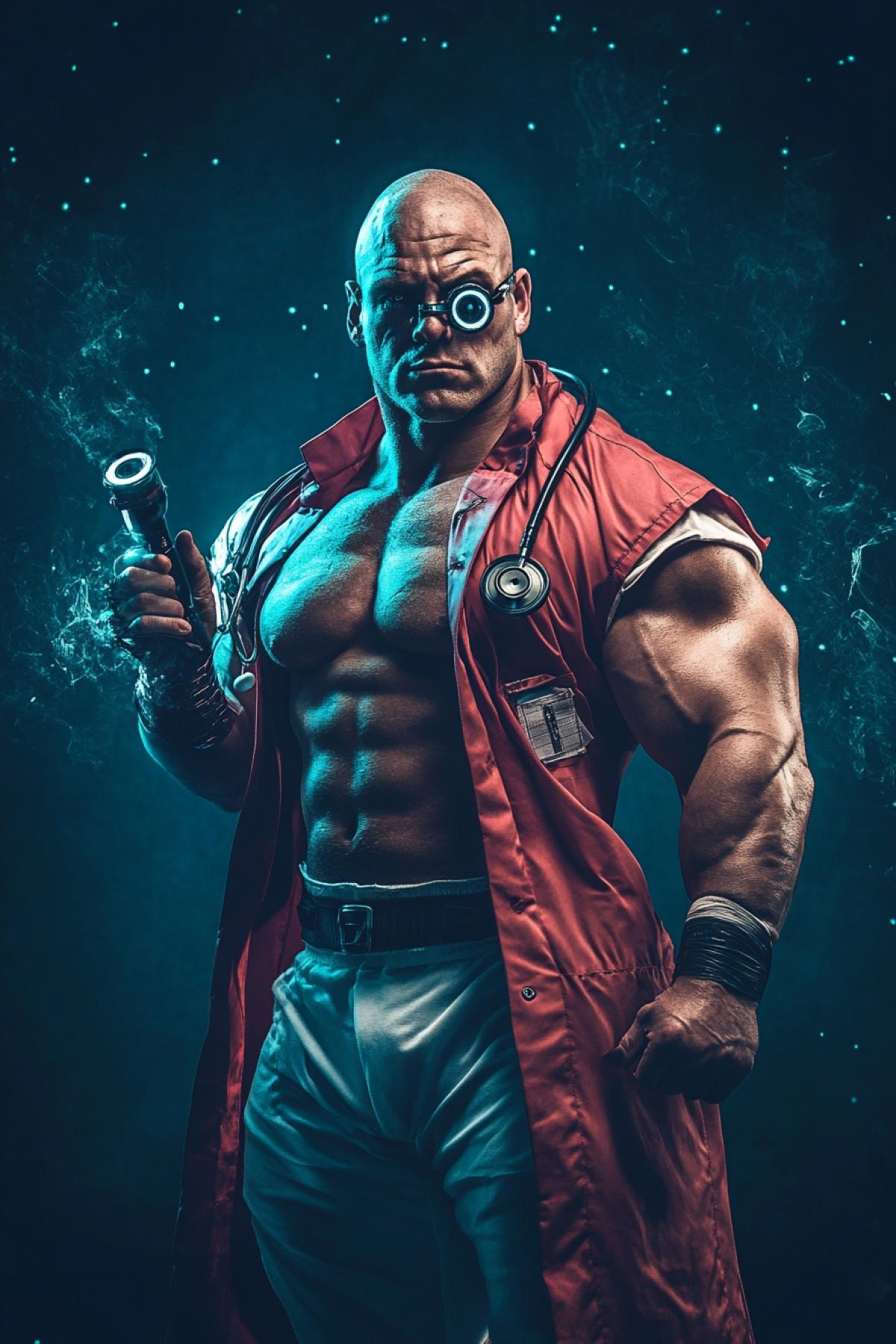 A huge, muscular wrestling fighter in a doctors outfit. As a super weapon, he uses a powerful enema with an optical sight and laser targeting. With the help of a stethoscope, he strikes down his enemies. The photo is styled like a superhero poster.