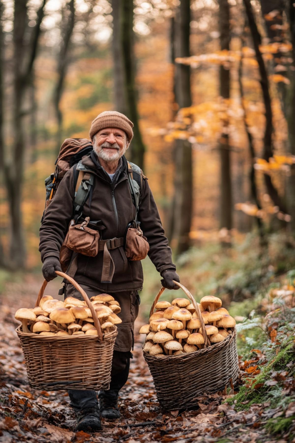 The happiness of a mushroom picker. A forest full of mushrooms. Many mushrooms grow under the trees. The mushroom picker, dressed in hiking gear with a padded jacket and carrying a walking stick, is delighted by the abundance of mushrooms. Two baskets are full of the collected mushrooms.