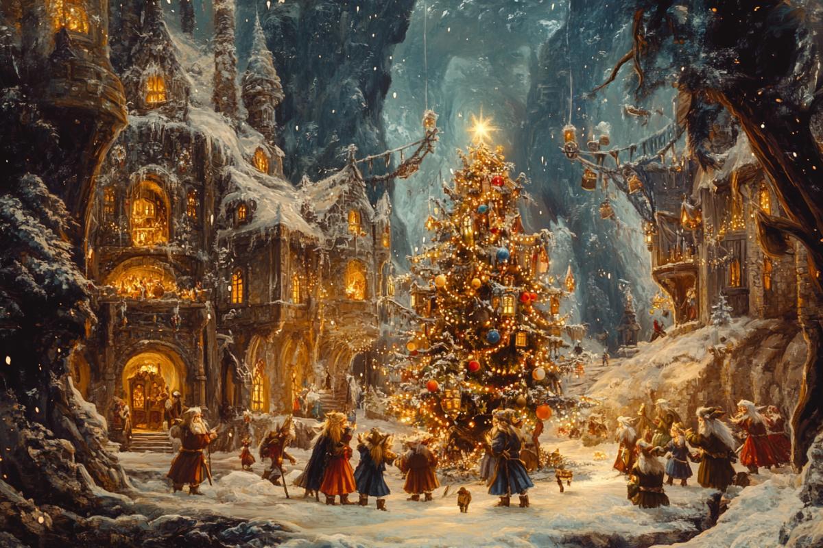 The place of my cherished dream, celebrating the New Year in a fantasy world with elves and dwarves, New Year tree with elves