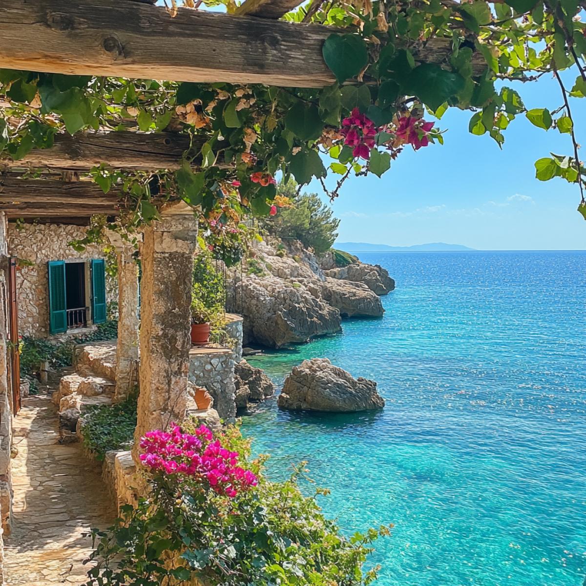The shore of the azure sea with greenery and sap flowers on the side. Beautiful house with a veranda on a gorgeous background