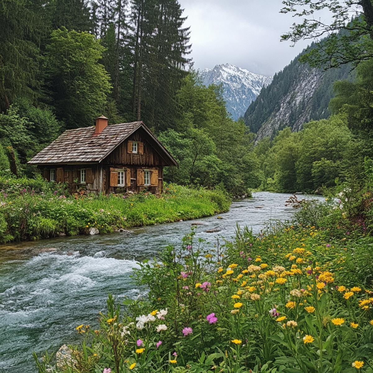 Hut among greenery and flowers, river, forest in the background