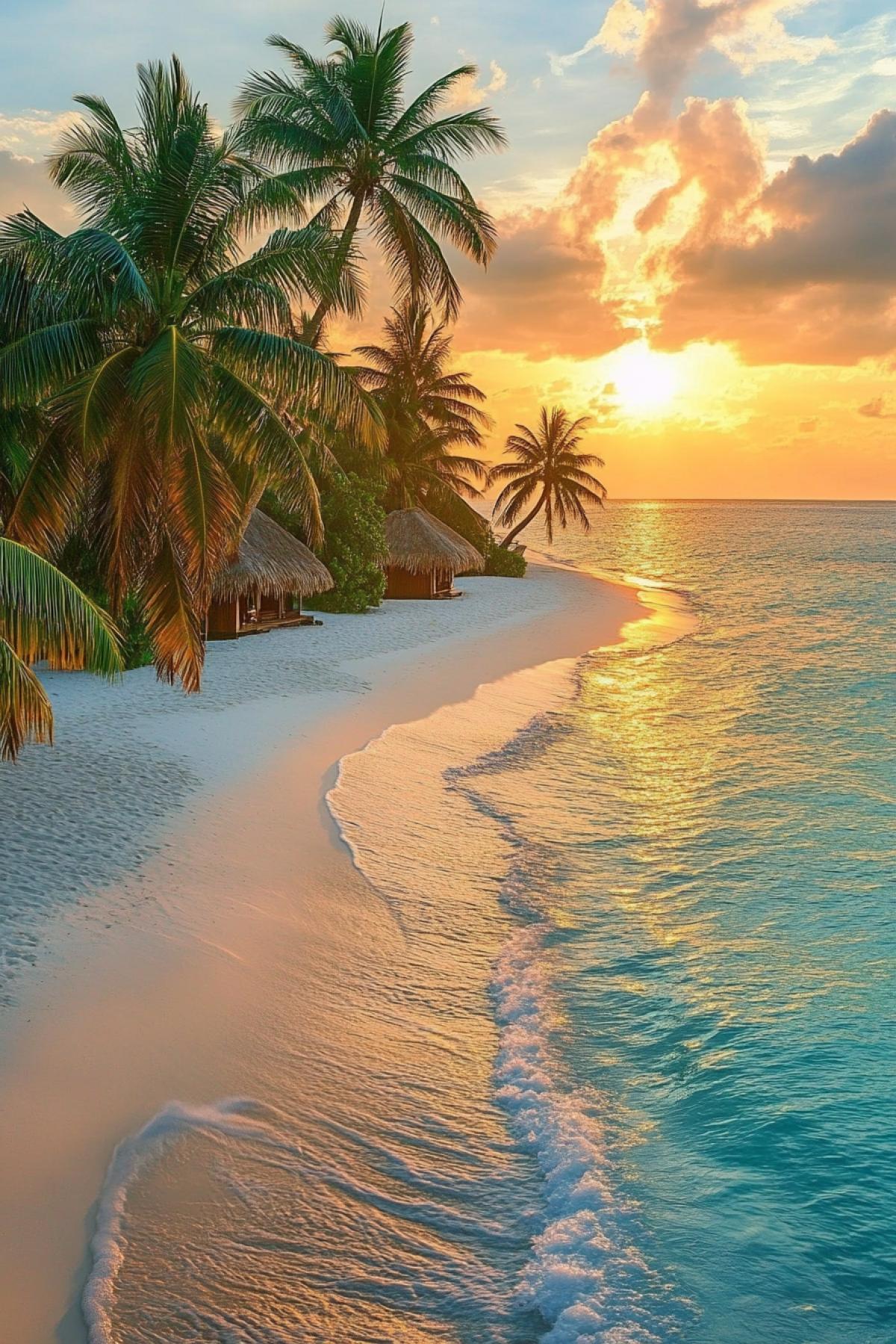 : A serene island scene with powdery white sand beaches stretching to the horizon, clear turquoise water gently lapping the shore. Towering palm trees sway in the breeze under a glowing sunset, with cozy beachfront bungalows nestled near the ocean’s edge, offering peace and tranquility.