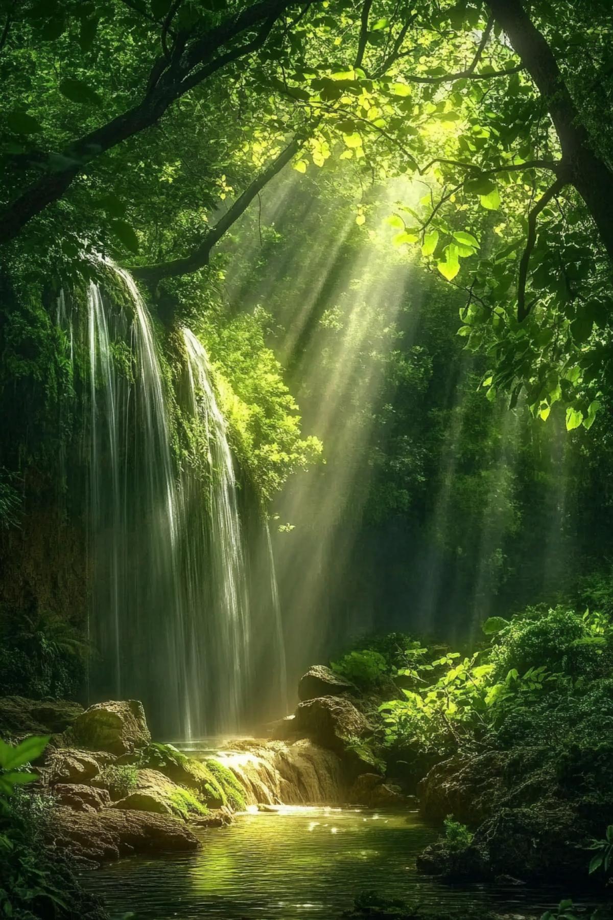 : A lush enchanted forest filled with towering trees and cascading waterfalls. Rays of sunlight pierce through the canopy, illuminating glowing water and vibrant greenery. The atmosphere is mystical and calming, with hidden wonders waiting to be discovered.