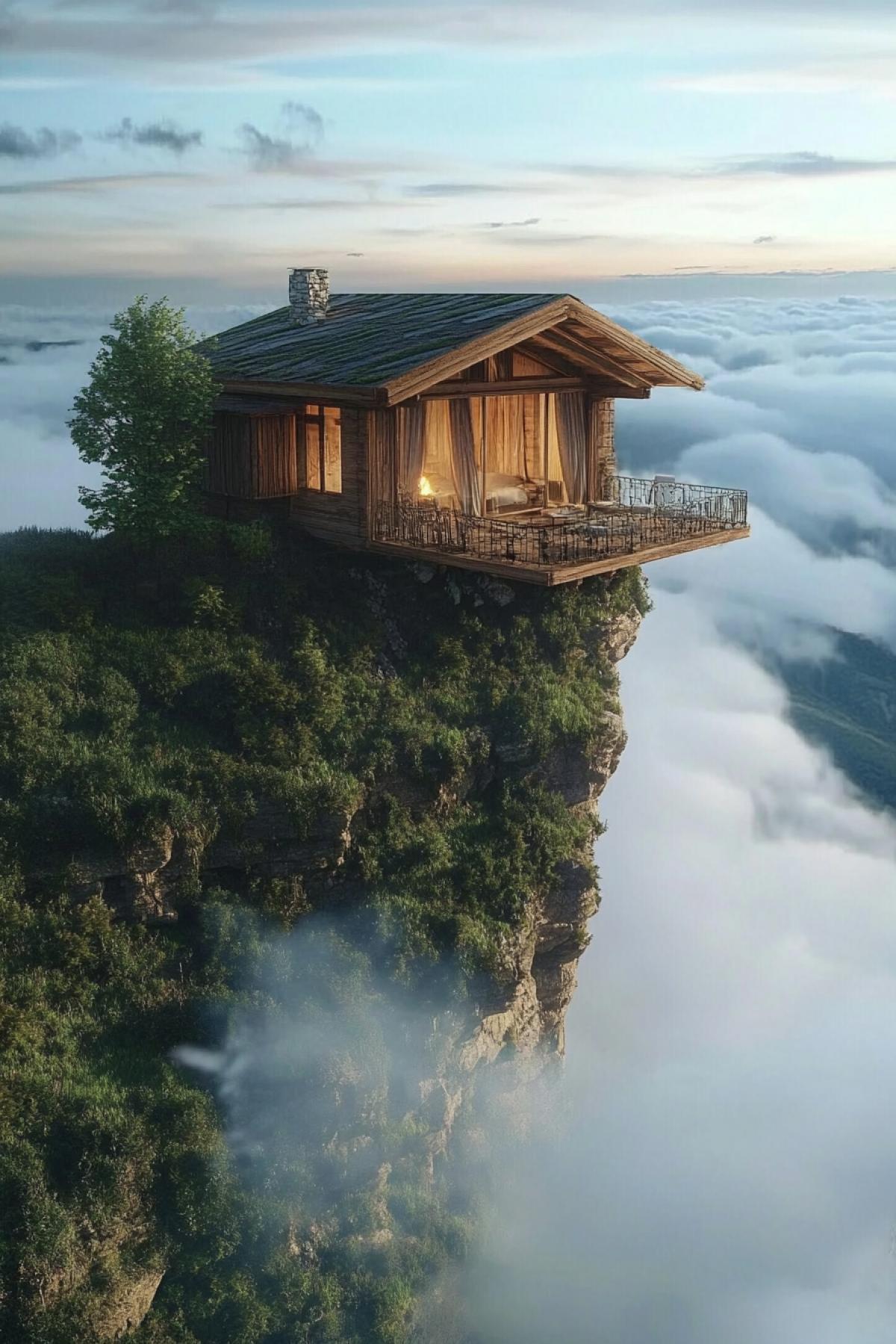 : A cozy wooden cabin perched high on a mountain, surrounded by clouds with panoramic views of green valleys below. Inside, a warm fireplace flickers, while the fresh mountain air and breathtaking scenery create a peaceful retreat far from the hustle and le of everyday life.