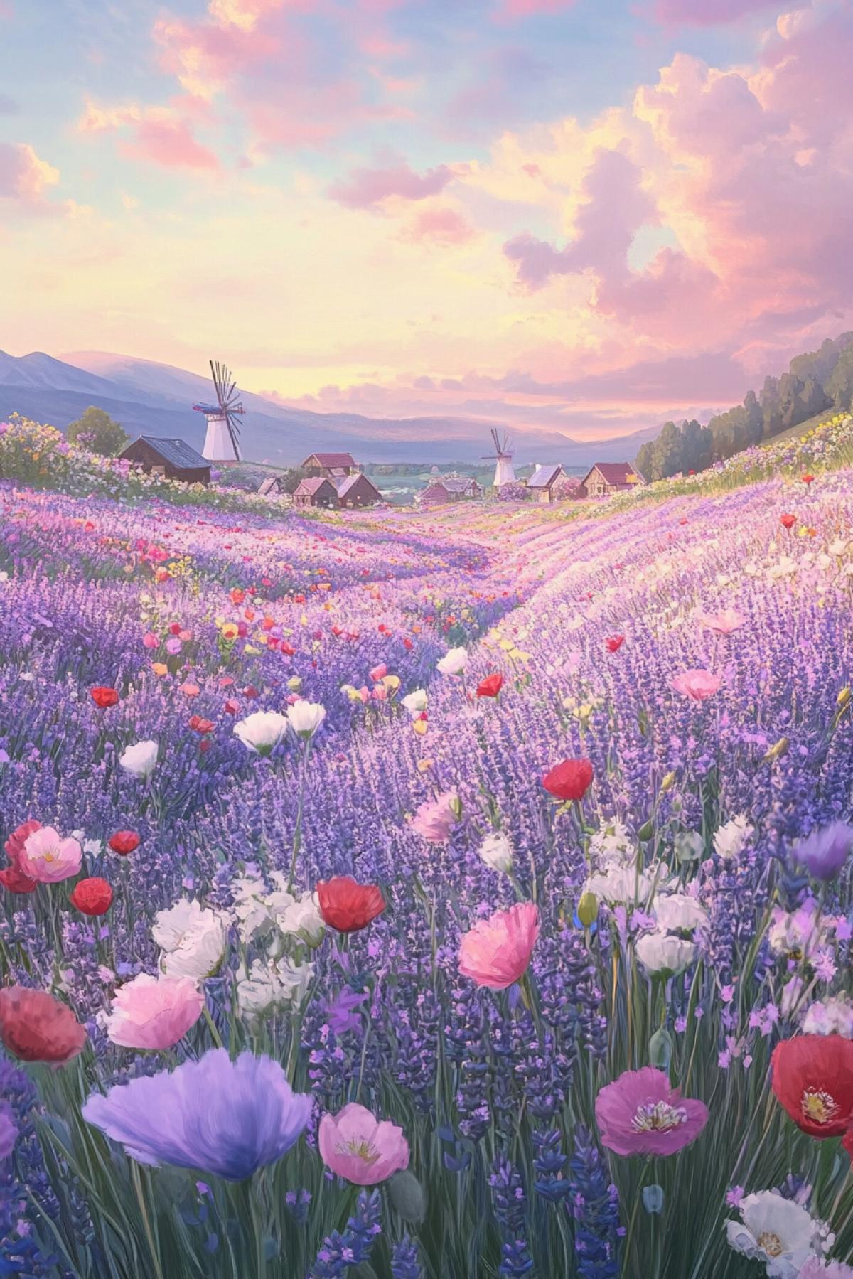 : A vast field of blooming lavender, poppies, and wildflowers stretching as far as the eye can see. The sky is a soft pastel hue, with windmills and cozy cottages in the distance. The flowers sway gently in the breeze, creating a dreamy, fragrant paradise filled with color and life.