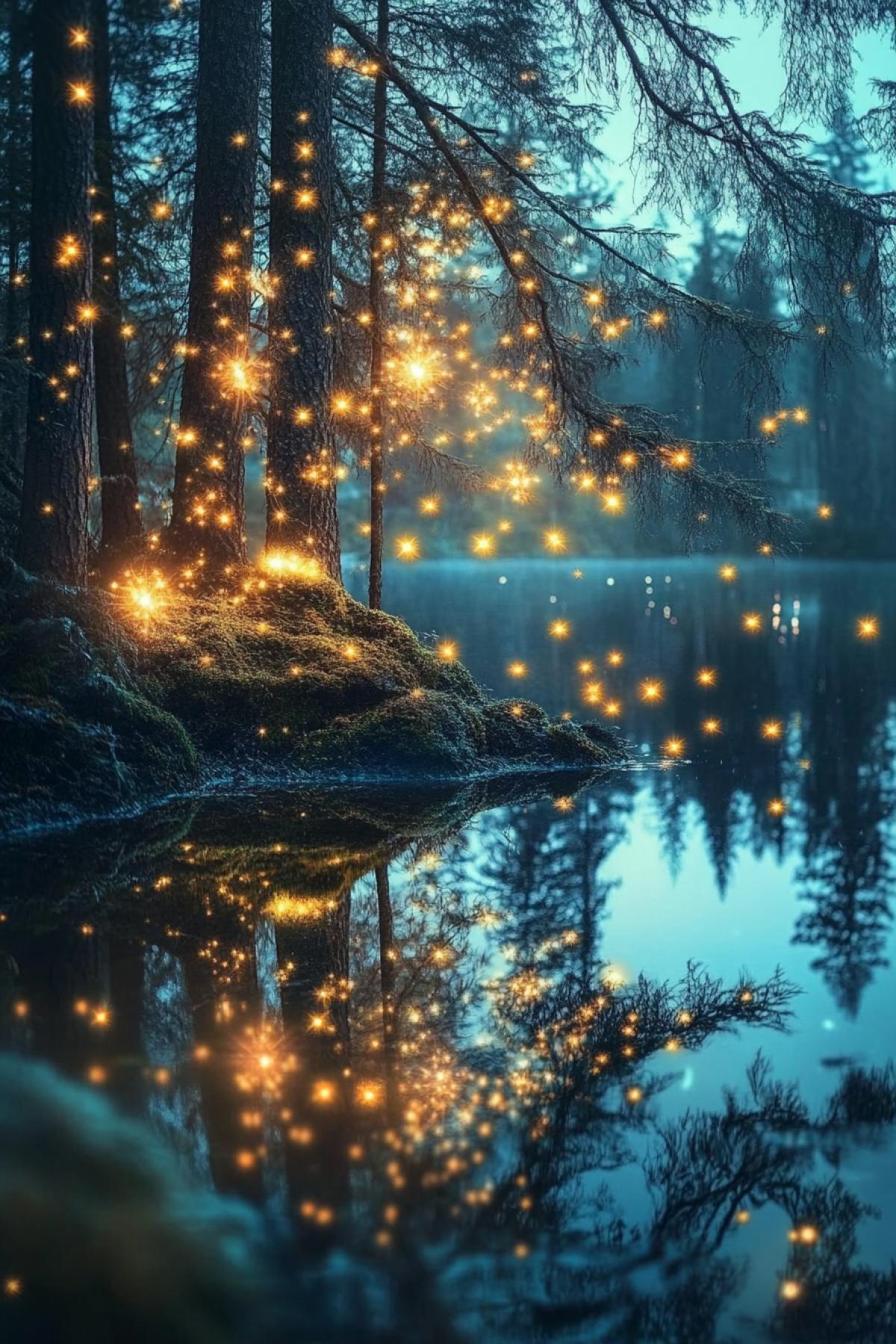 : A dense forest where instead of ordinary trees there grow giant branches decorated with stars. Each star twinkles with a soft light, and it seems that you can touch them. The ground in this forest is covered with delicate luminous moss, and the lakes reflect the night sky, creating the atmosphere of an eternal sunset.