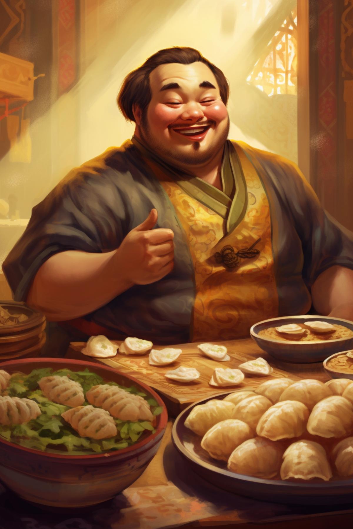 A well-fed Chinese man smiles, there are a lot of dumplings on the table, the Chinese man eats dumplings and is happy. 🥟🥟🥟