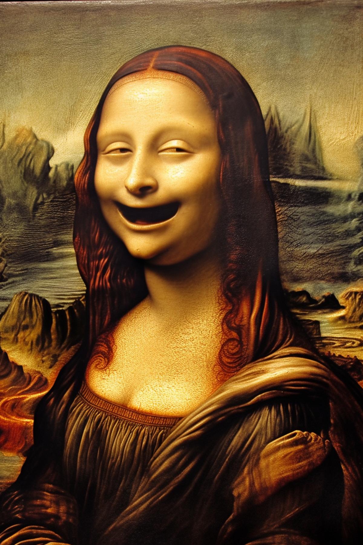 Mona Lisa smiles a very wide smile. Mona Lisa laughs.