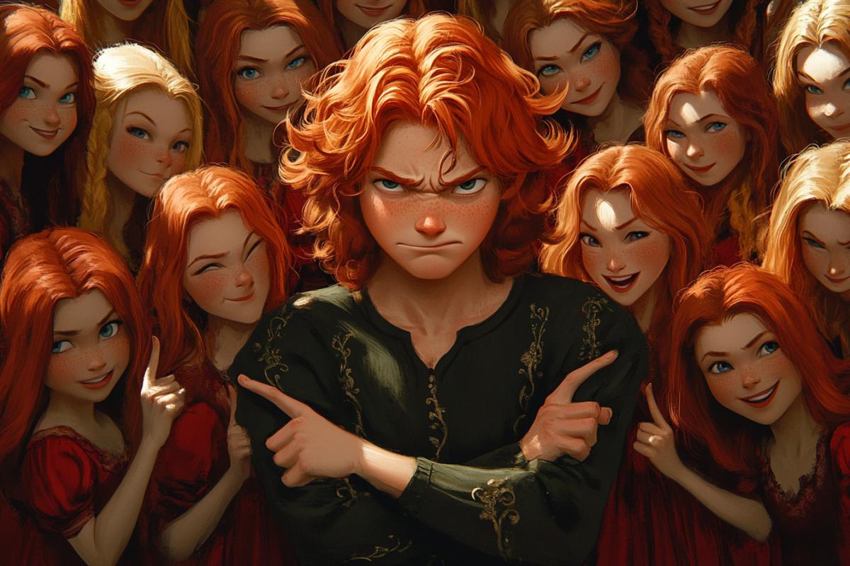 The big boy stands frowning, surrounded by a crowd of red-haired girls smiling with a Hollywood smile, who point their fingers at him