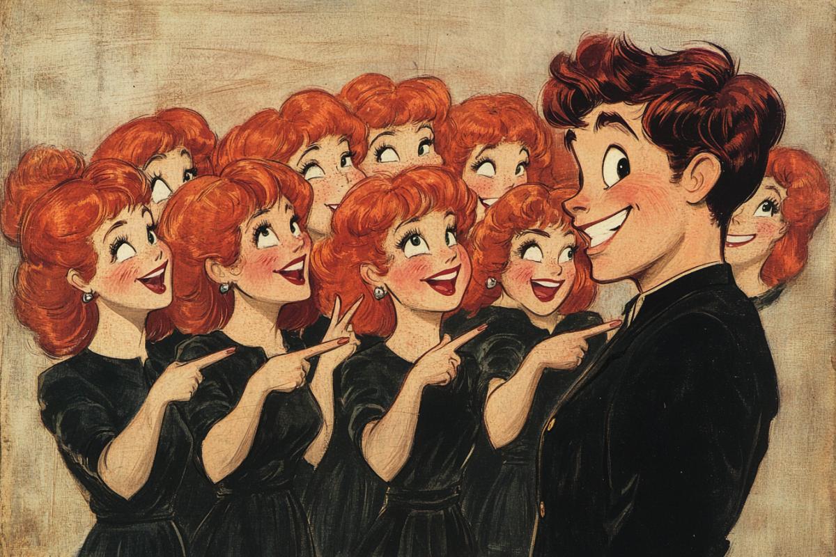 The big boy stands frowning, surrounded by a crowd of red-haired girls smiling with a Hollywood smile, who point their fingers at him