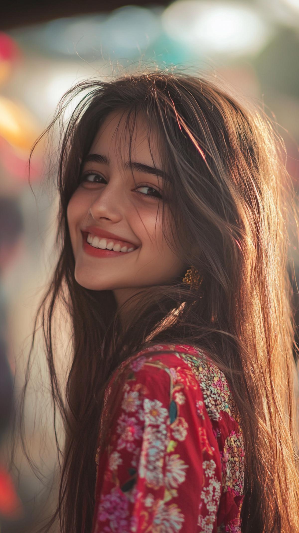 A gorgeous smile expressing the happiness of a cute girl wearing eternal clothes