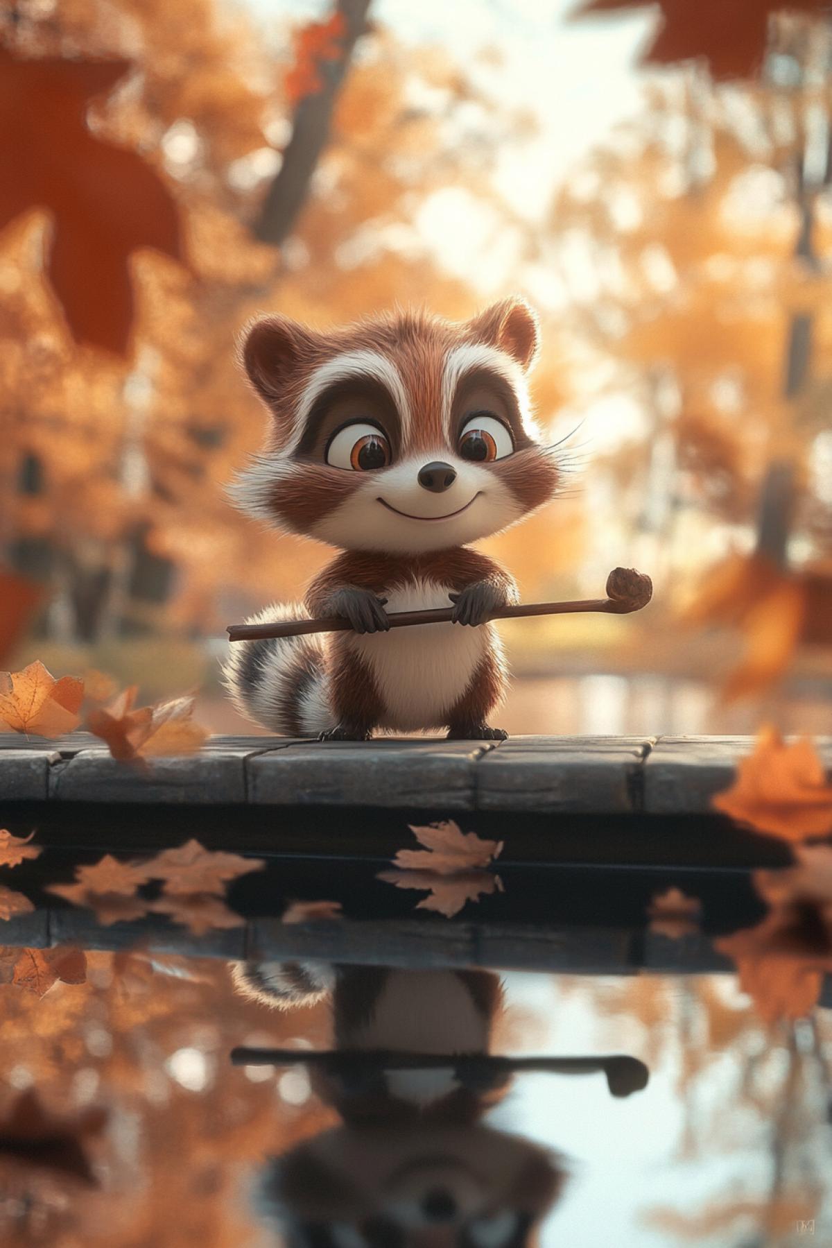 Anthropomorphised little cute playful racoon with stick in hands stands on bridge smiling studying his reflection on river surface ironic cartoon Disney