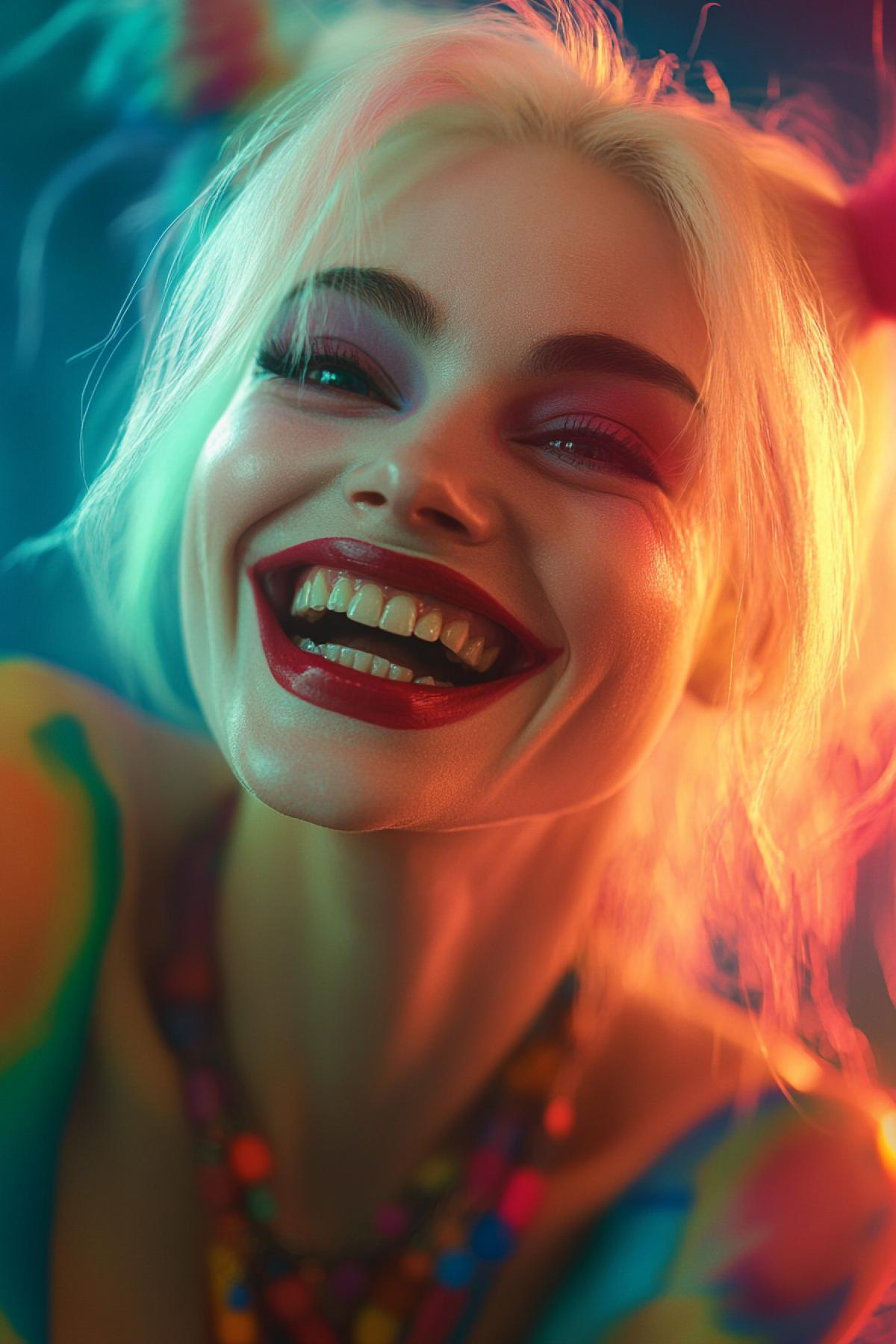 Harley Quinn doing aerial acrobatics and smiling, psychedelic, alternative reality, alternative rock, flickering, realistic image, photoshop