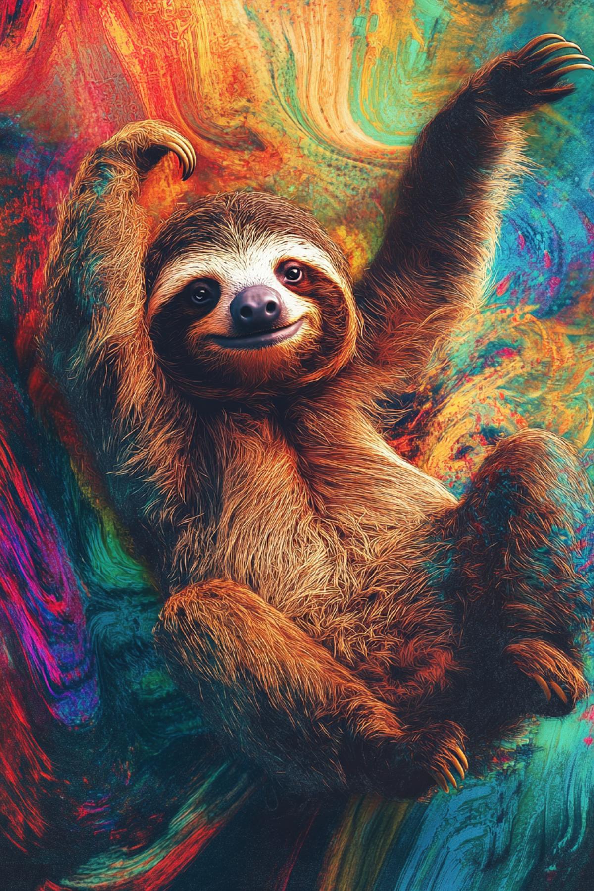 Sloth doing aerial acrobatics and smiling, psychedelic, alternative reality, alternative rock, flickering, realistic image, photoshop