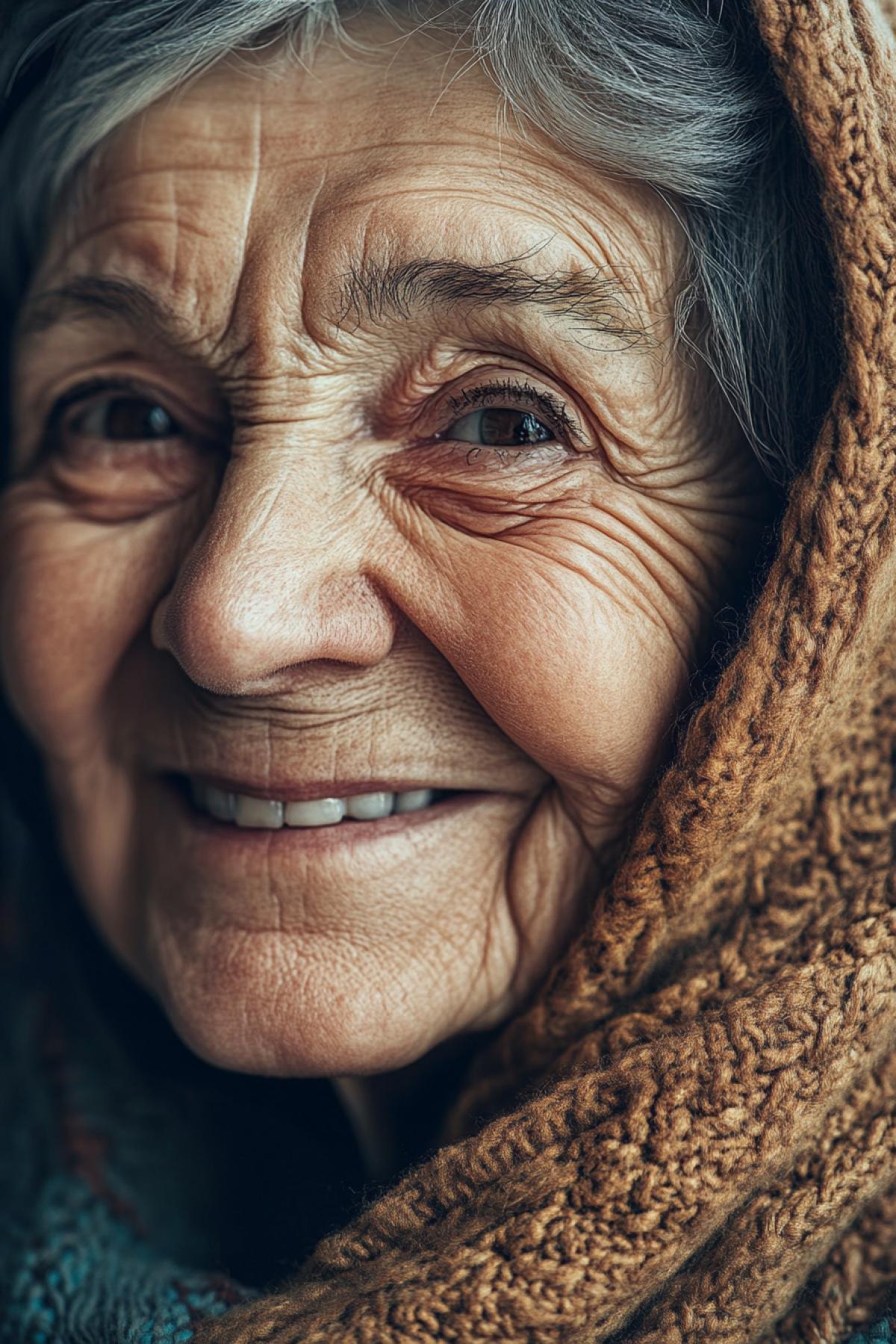 Close-up semi-profile portrait of widely smiling happily teethless very old very smart wise 90yo Caucasian woman highly detailed wrinkles the portrait appeals to getting off happy emotional complete life