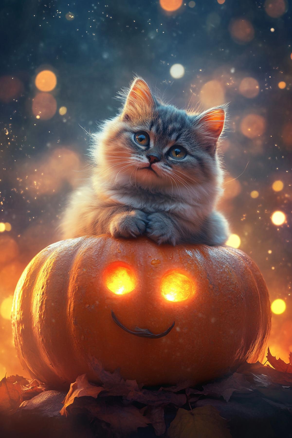 cheerful cat sitting on top of a cheerful pumpkin, happiness, joy, poster, world smile day, rock, flicker, realistic image, photoshop