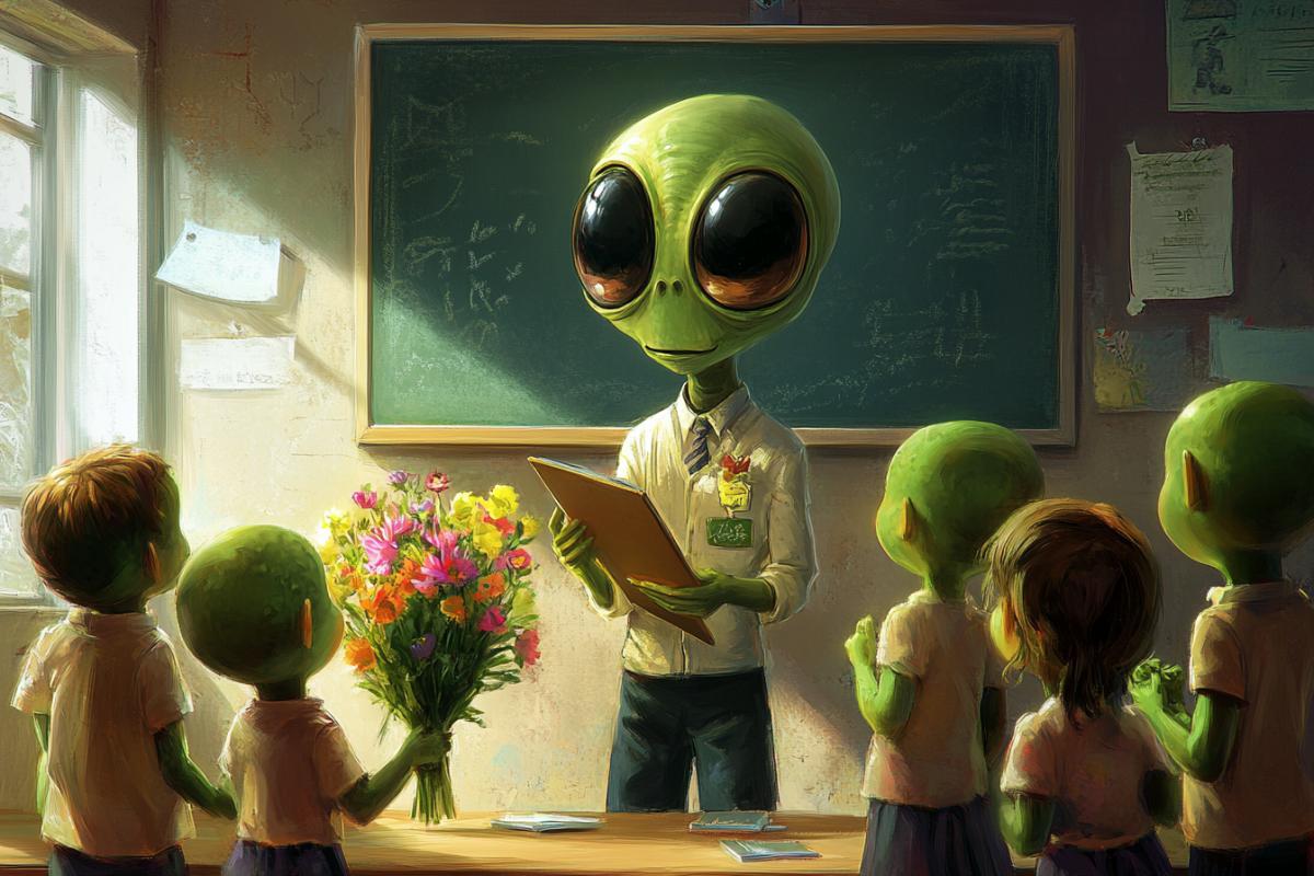 An alien with large dark almond-shaped eyes stands with a school pointer near a school board, surrounded by children of green aliens with dark large almond-shaped eyes who give him flowers for Teachers Day postcard