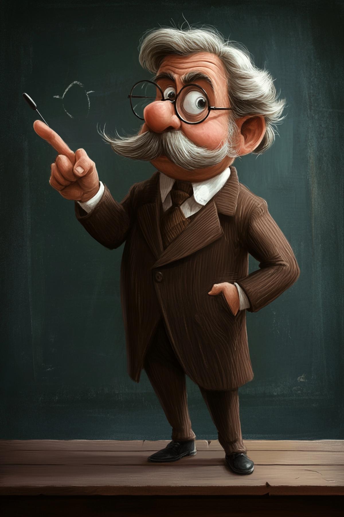 A strict cartoon teacher. Humorous. Funny. Teaches a lesson by pointing at something with a pointer on the darkboard.