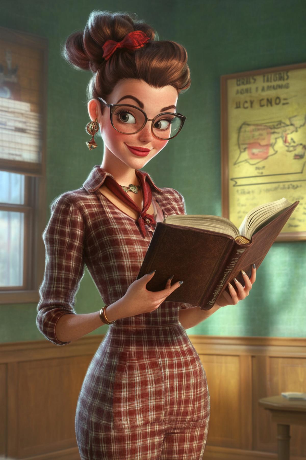 Cartoonishly attractive teacher reading a book in front of the class.