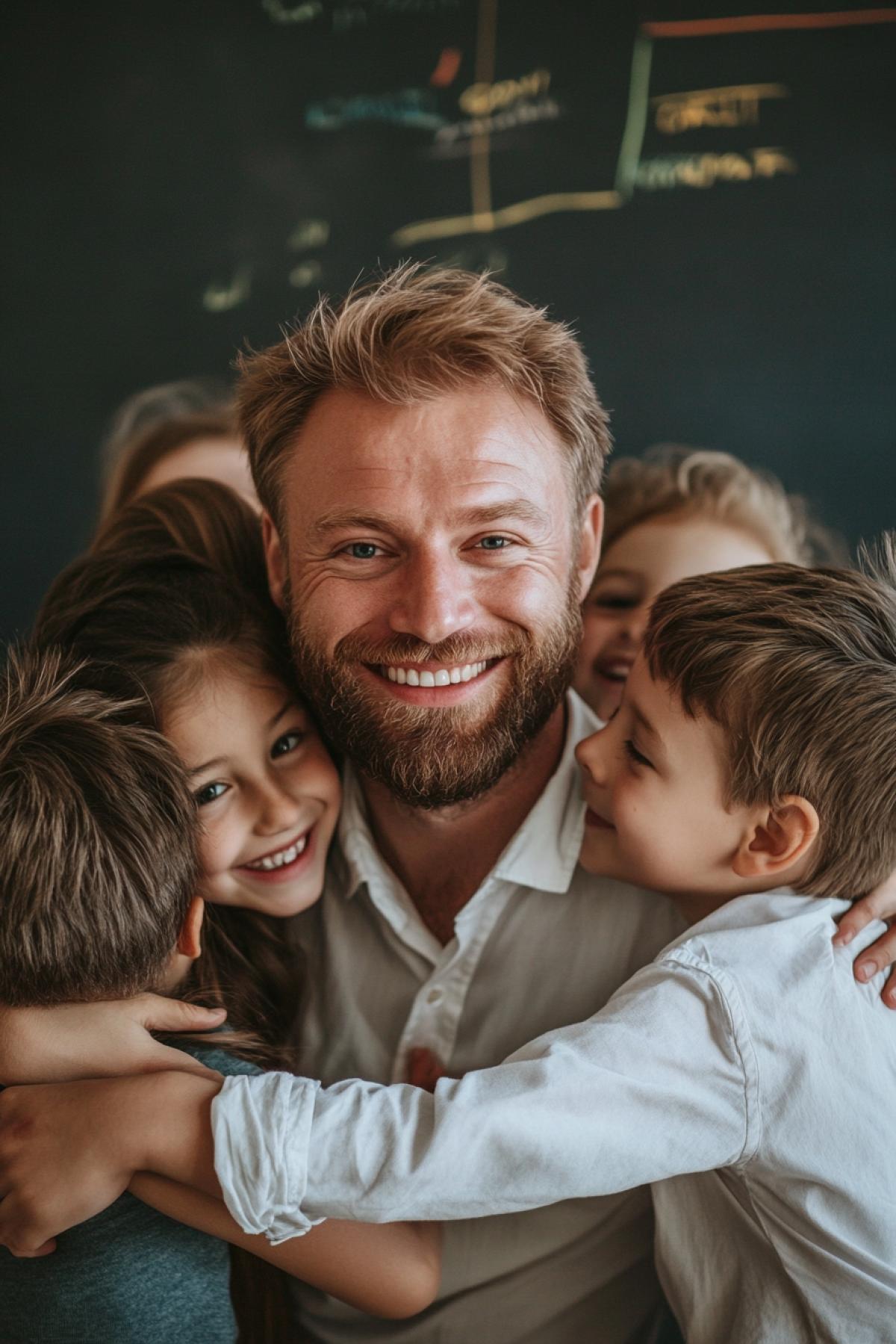 Handsome cool teacher at school favourite teacher surrounded by scholars who hug him happily in classroom near darkboard