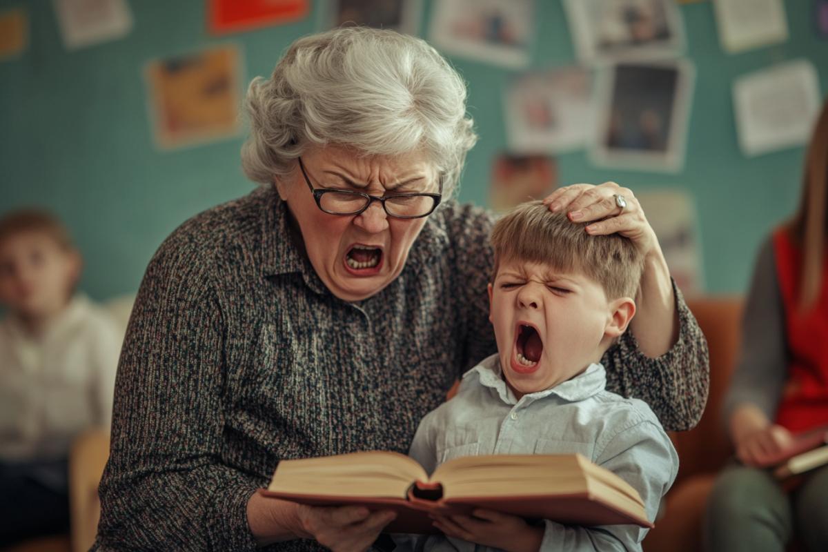 Angry old woman fat teacher hits little boy on the head with a book