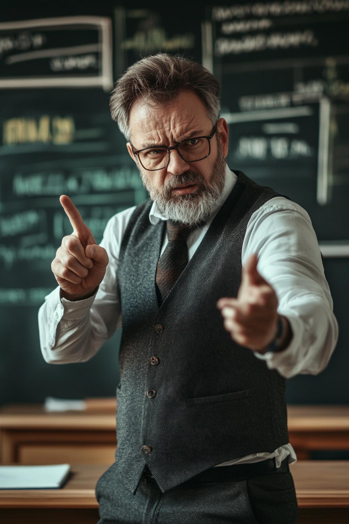 strict and demanding teacher in the classroom: his clothing style, facial expression, subject