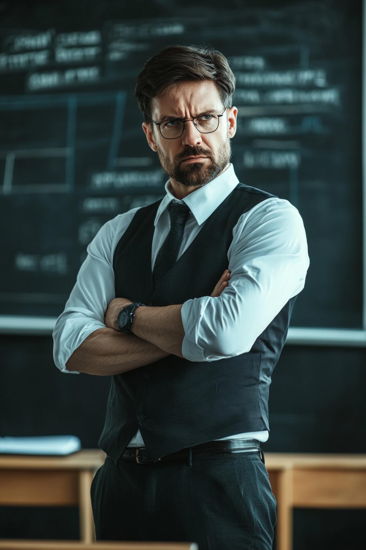 strict and demanding teacher in the classroom: his clothing style, facial expression, subject
