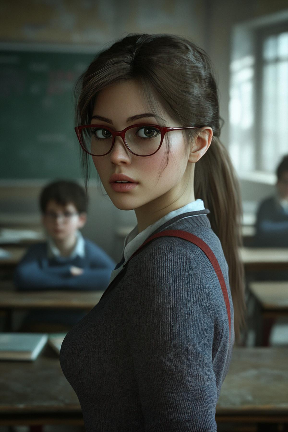 Strict mentor teacher at school beautiful 25-year-old girl with glasses at the darkboard scared children at their desks 3D animation