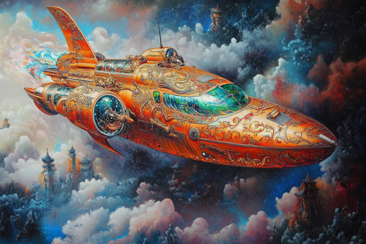 Airbrush retro vintage spaceship with a pattern of Chinese dragon baroque rococo magic