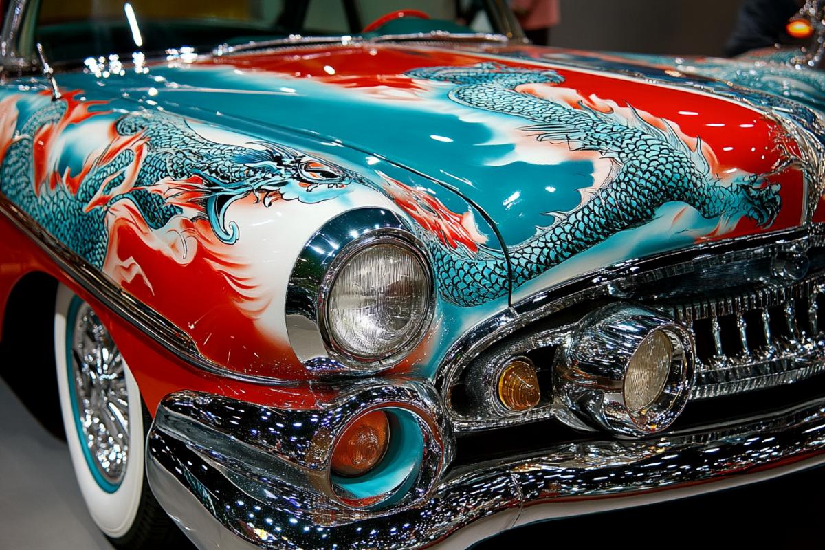 Airbrush retro vintage car with Chinese dragon pattern baroque rococo magic