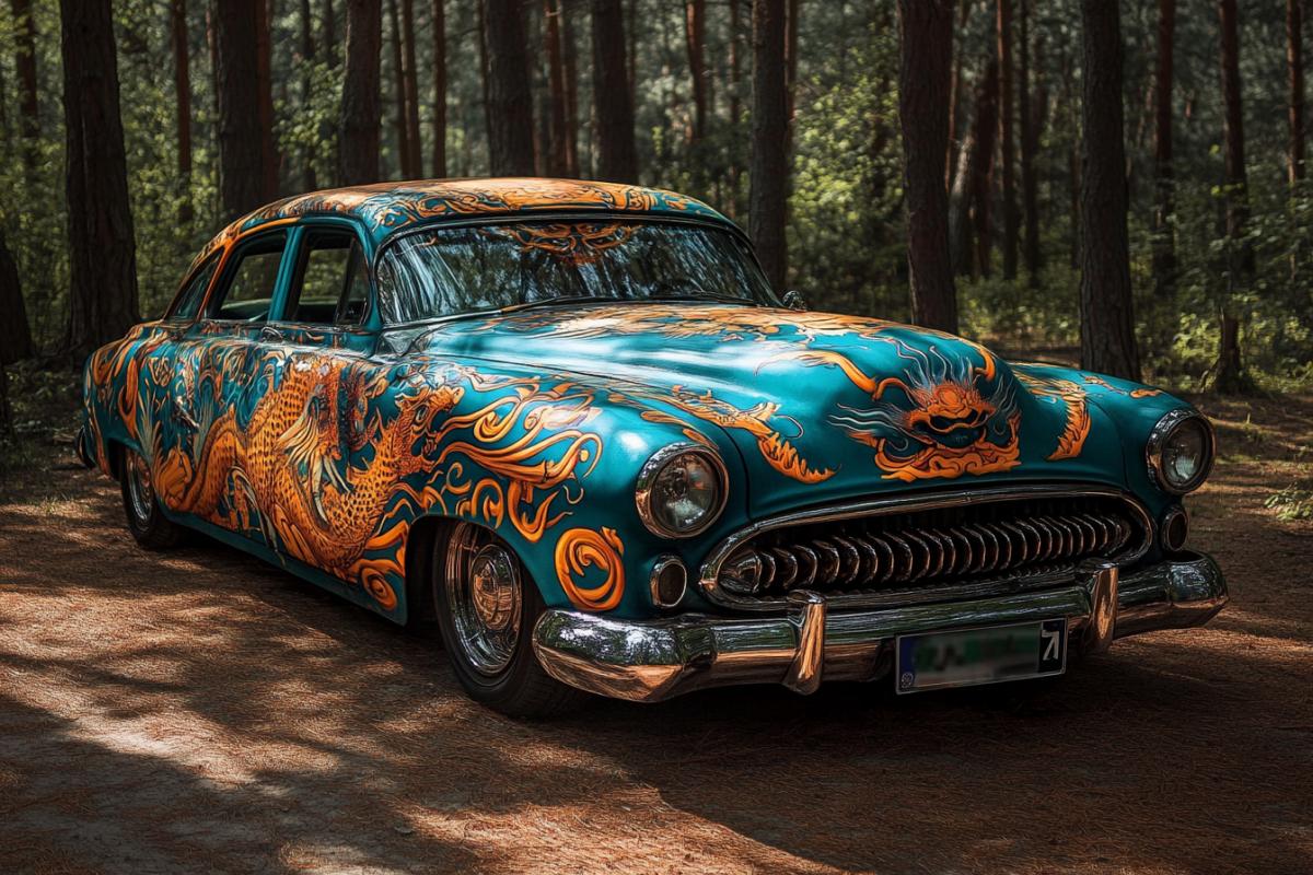 Airbrushing retro vintage car with a pattern of Chinese dragon baroque roccoco magic on a forest background