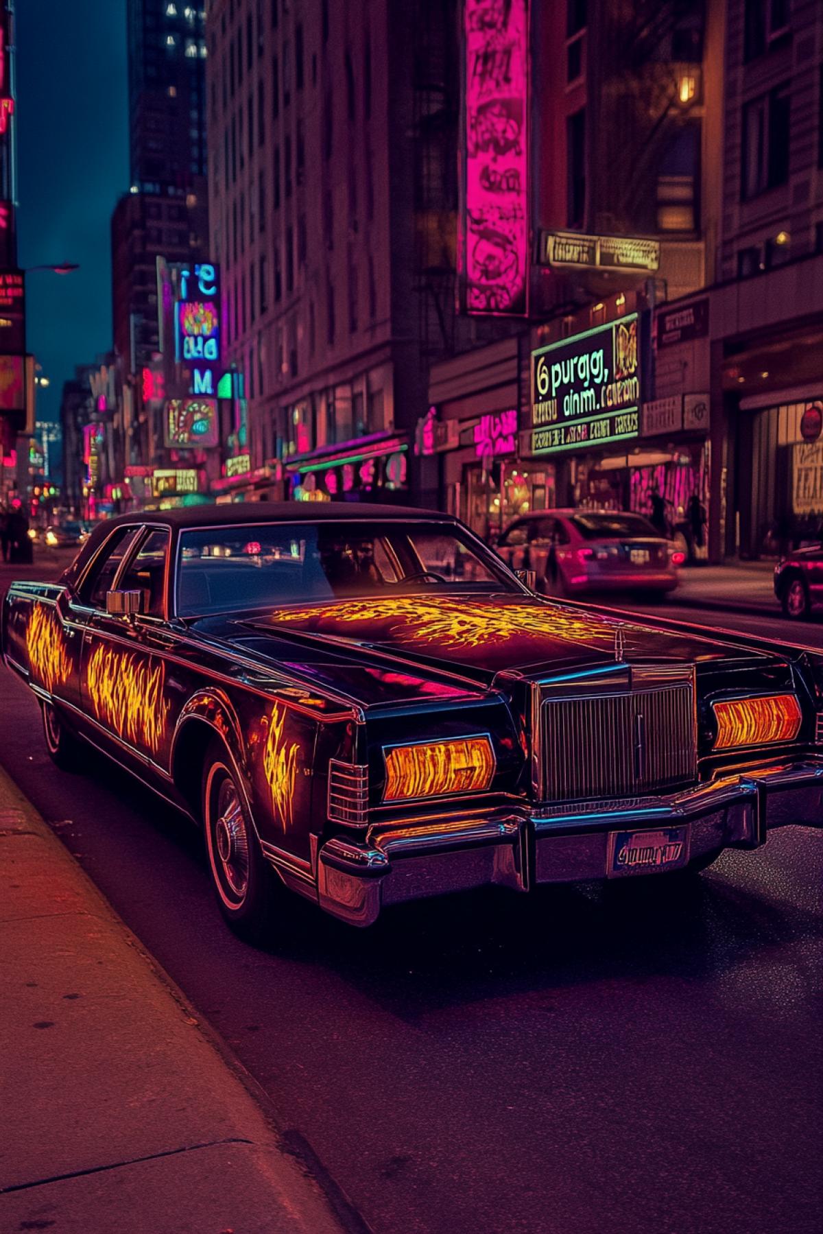 Photo of Lincoln town car dark with drawing of fire flames on sides and bonnet made by Andy Warhol in the street on background of 1970s cityscape high contrast bright colours gloss big text \"6puraga, ënm...\"