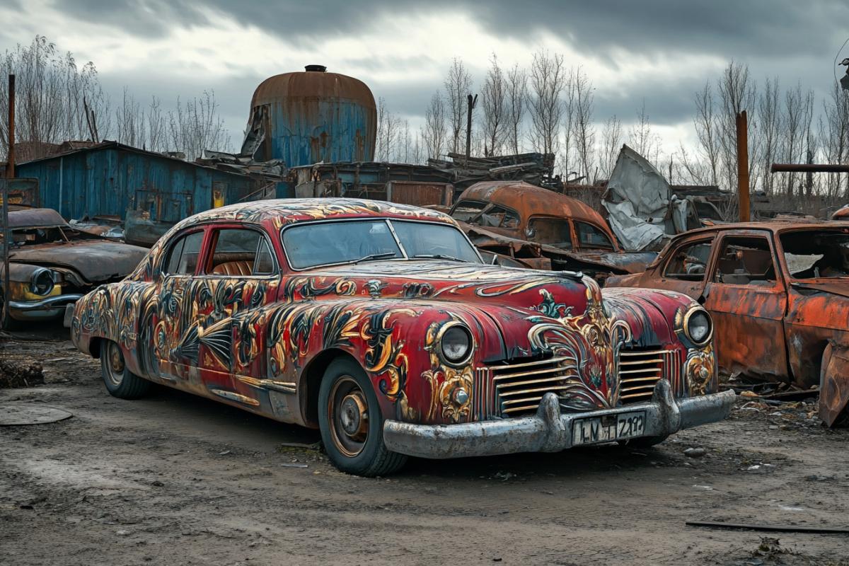 Airbrushing Retro vintage car ZIL airbrushing in vampire baroque style   against the backdrop of a junkyard of rusty cars