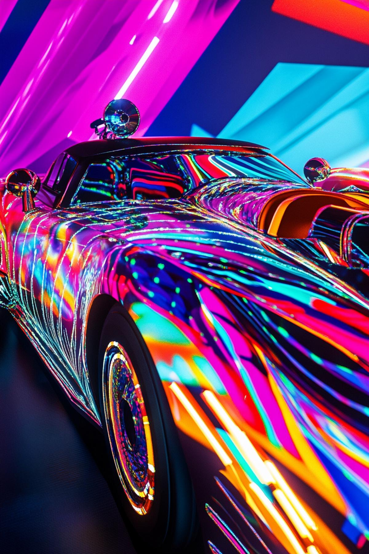 Futuristic concept auto decorated in psychodelic style of 横尾 忠則 in futuristic cityscape bright vibrant colours high contrast cinematographic light