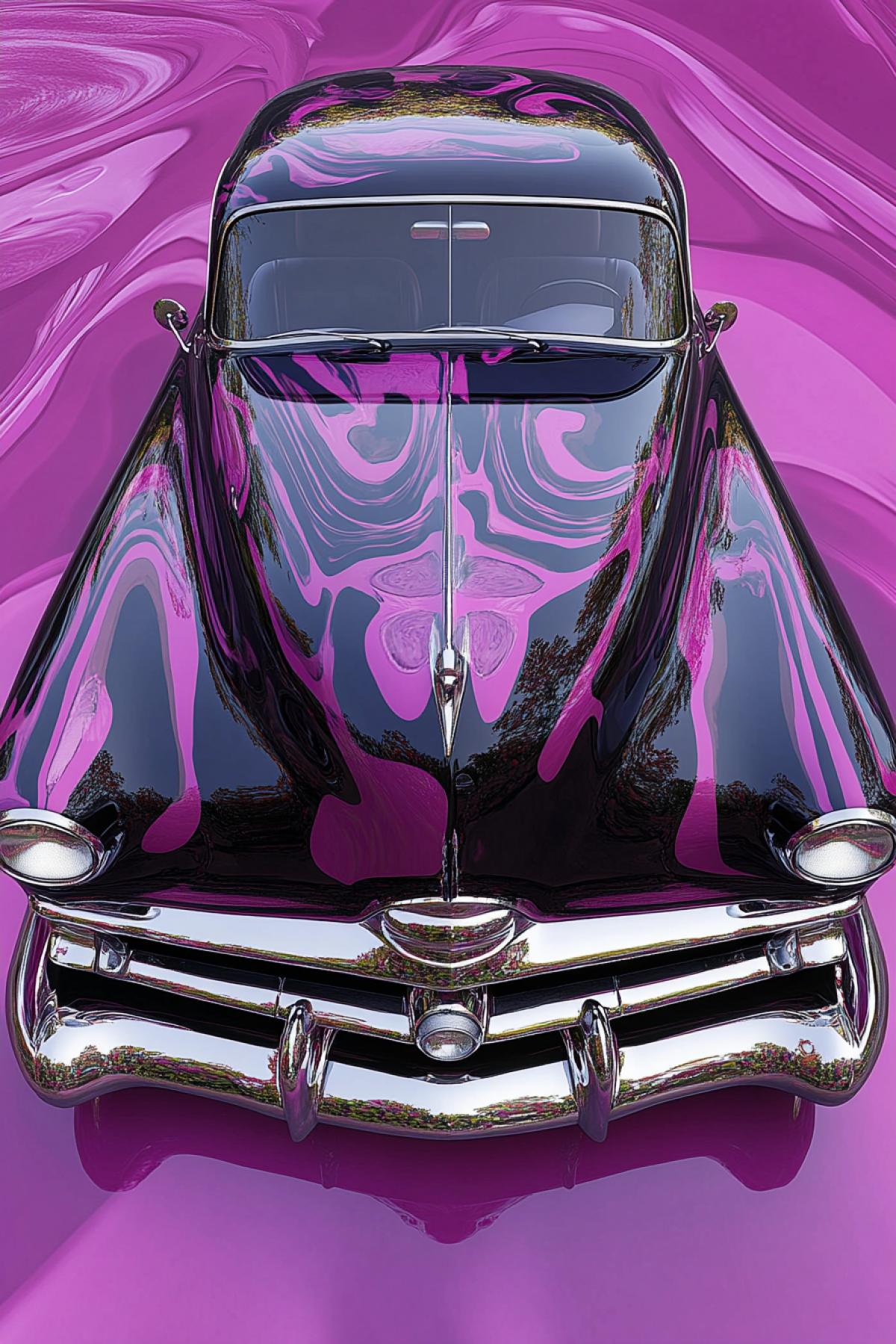 Glossed dark retro auto full size decorated in style of Maurits Escher low view scenic light pink violet tones