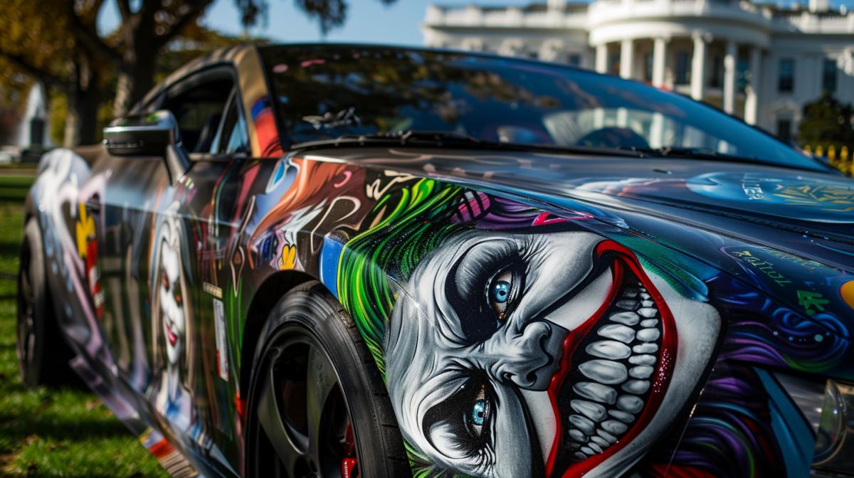 Close up of Joker style airbrushed Batman car with White House in the background, various images of Harley Quinn with unique airbrushed designs, high quality photography