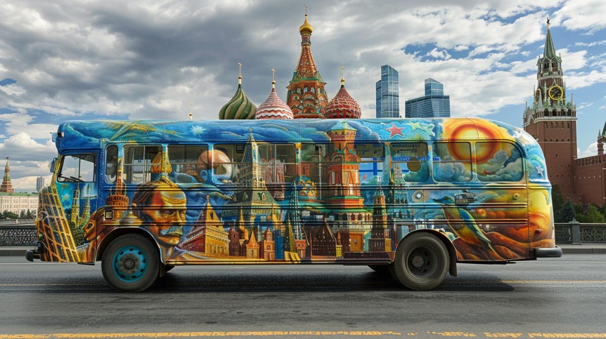 Close-up of a school bus with school-style airbrushing on the road against the backdrop of Moscow City towers, various images of Russian scientists and writers with unique drawings done in the style of airbrushing, high quality photography