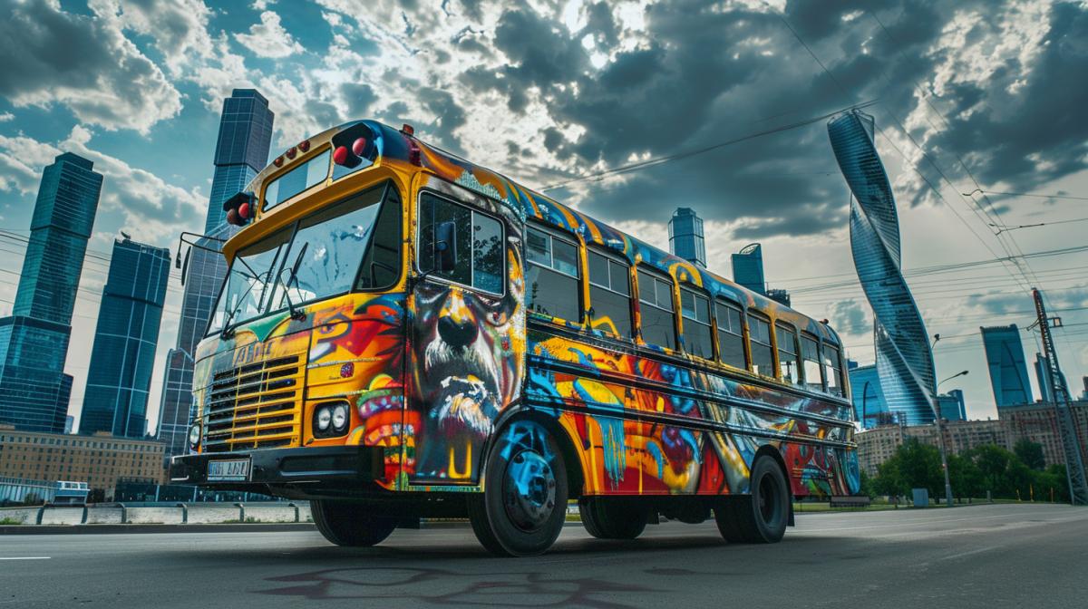 Close-up of a school bus with airbrushing in school style on the road against the backdrop of Moscow City towers, various images of Russian scientists and writers with unique drawings, formulas, quotes in Russian, made in the style of airbrushing, high quality photography