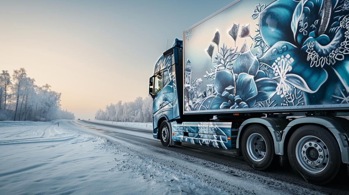 Close-up of a modern truck with airbrushed ice flowers and snow style on a snowy freeway against the backdrop of a snowy Russian landscape, various images of samovars, unique Gzhel style airbrushed designs, high quality photography