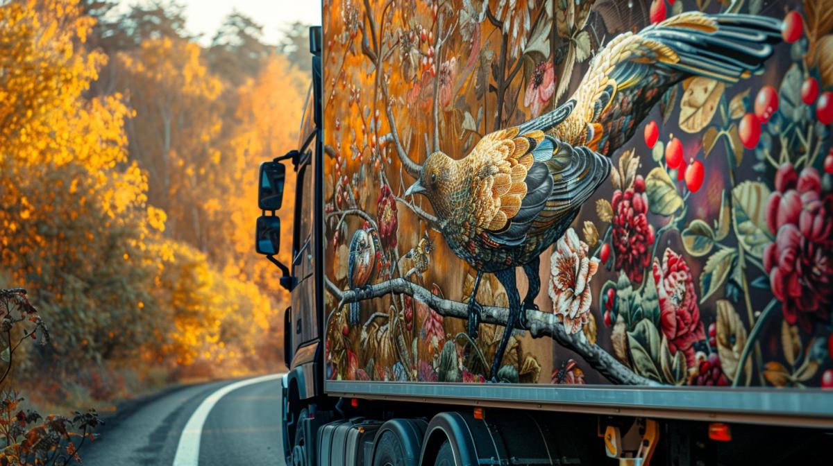 Close-up of a modern truck with airbrushing in the style of Khokhloma and Palekh of flowers, strange birds and animals on the highway against the backdrop of the autumn Russian landscape, bright warm colors, warm autumn atmosphere, high quality photography
