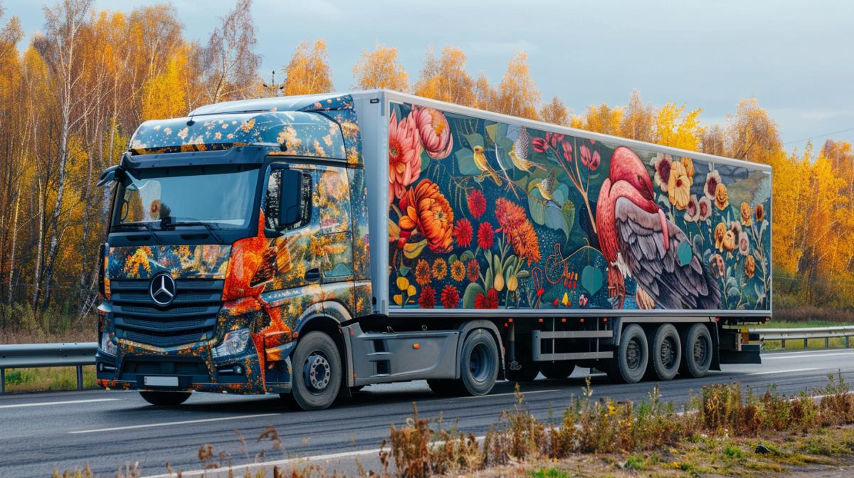 Close-up of a modern truck with airbrushing in the style of Khokhloma and Palekh of flowers, strange birds and animals on the highway against the backdrop of the autumn Russian landscape, bright warm colors, warm autumn atmosphere, high quality photography