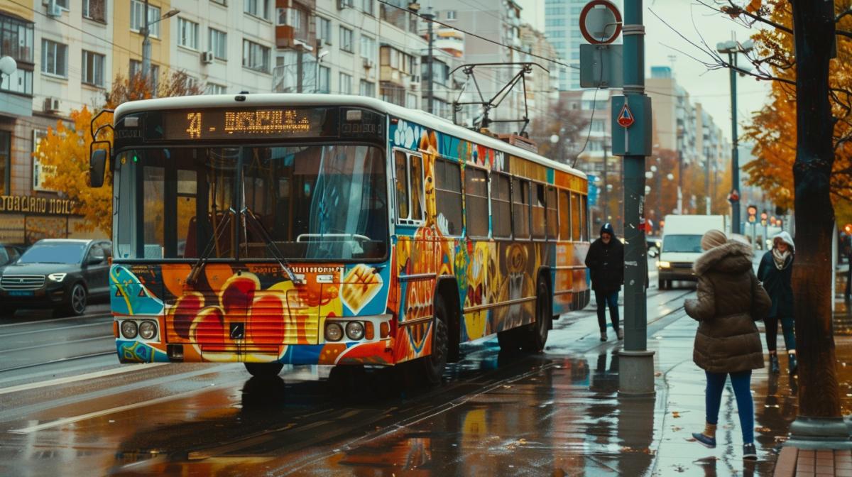 Close-up of a Moscow city bus with airbrushing in Russian folk style, people get off the bus, working day morning atmosphere, autumn, 4K photography
