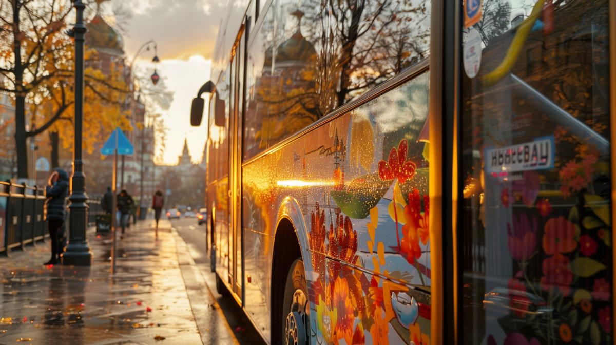 Close-up of a modern Moscow electric bus with Russian style airbrushing, people get off the bus, working day morning atmosphere, autumn, 4K photography
