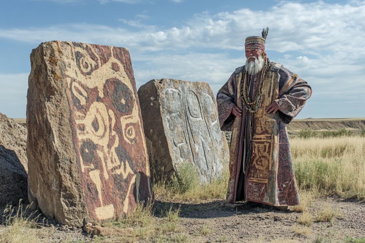 Kamlany of a Khakass shaman near menhirs with petroglyphs and tamga, magic, magic, baroque roccoco
