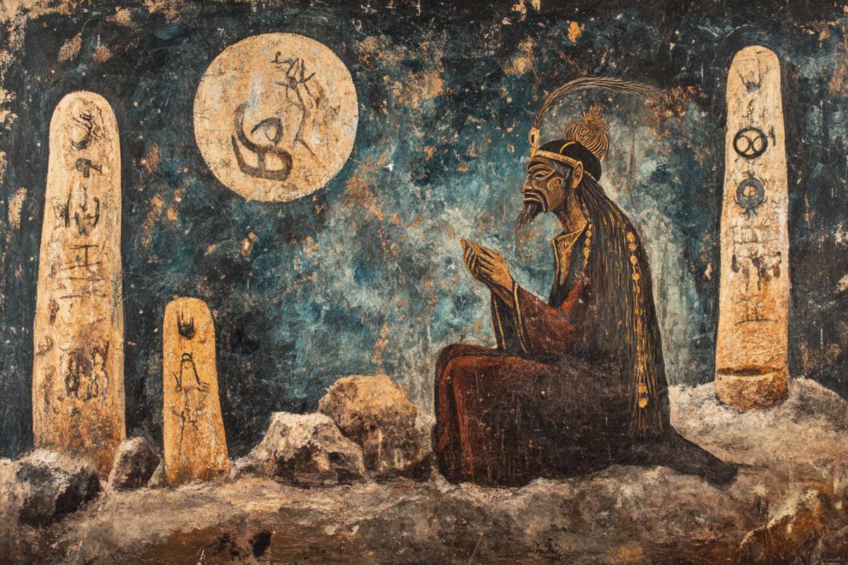 Kamlany of a Khakass shaman near menhirs with petroglyphs and tamga, magic, magic, baroque roccoco