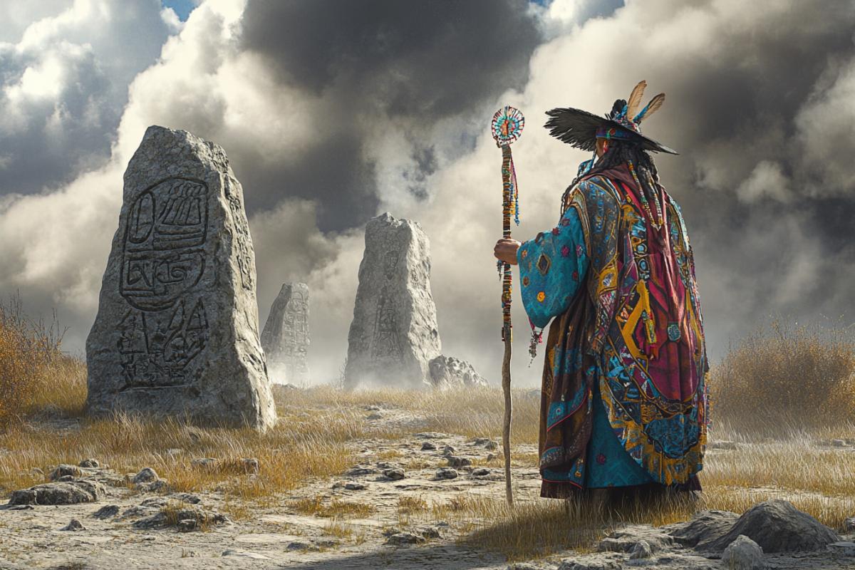 Kamlaniya Khakass shaman near menhirs with petroglyphs and tamga, magic, magic, baroque rococo pixar